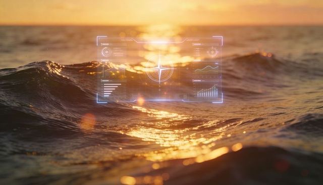 Holographic navigation hud over ocean sunset showing compass reticle and data charts