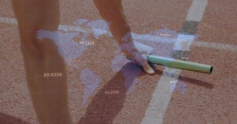Sprinter gripping baton on red track with world map and data overlay, global relay concept