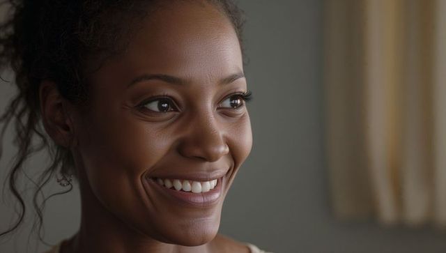 Smiling woman close-up portrait wearing hoop earring and mascara, warm soft-light headshot