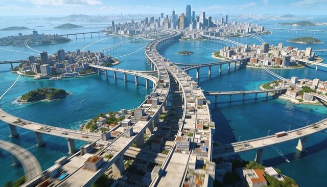 Futuristic elevated highway network curving across coastal bay toward downtown skyline