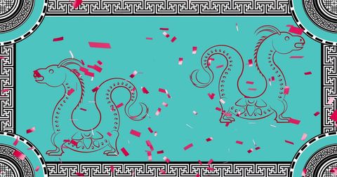 Festive chinese dragon illustrations with confetti on turquoise