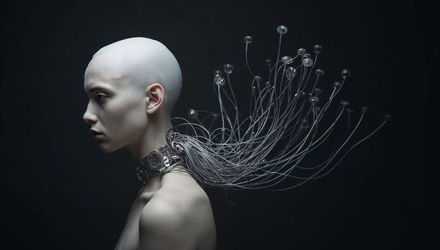 Bald cybernetic woman wearing ornate metal collar with flowing sensor cables
