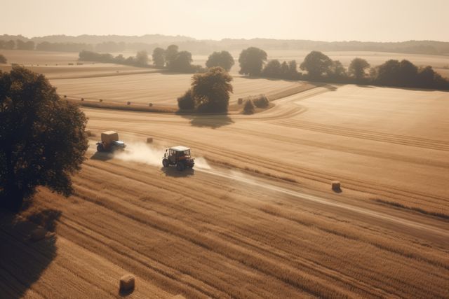 Tractors driving through golden wheat fields during sunset, creating dust trails as they harvest crops. Ideal for illustrating agriculture, farming processes, and rural lifestyles. Suitable for agribusiness promotions, environmental campaigns, and seasonal farming scenes.