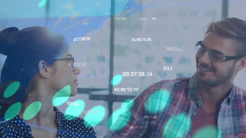 Office Workers Analyzing Data with Digital Interfaces Overlay