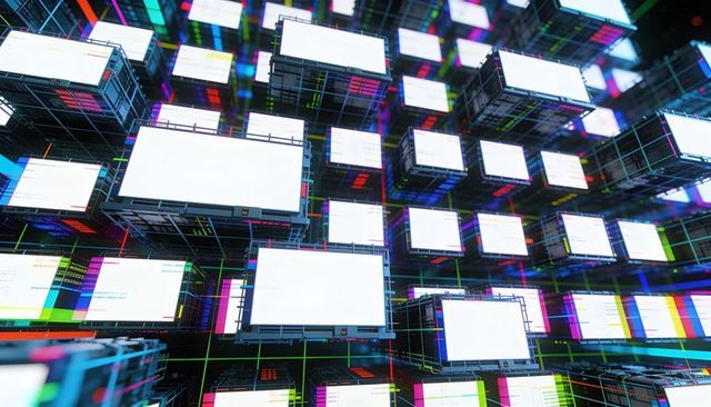 Floating 3D Display Grid Showing Blank Screens, RGB Test Bars and Code in Neon Data Matrix