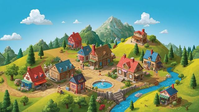 Sunlit mountain village plaza with central fountain, river bridge, cottages and gardens