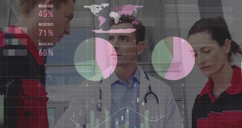 Medical team discussing emergency response with analytics overlays and hud health charts