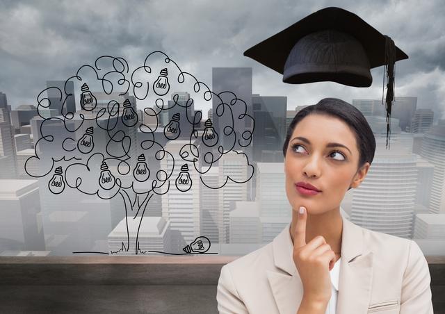 Digital composition of businesswoman with graduation cap against building in background