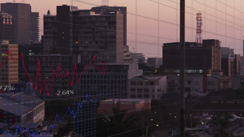 Stock Market Analysis with Aerial Cityscape At Dusk
