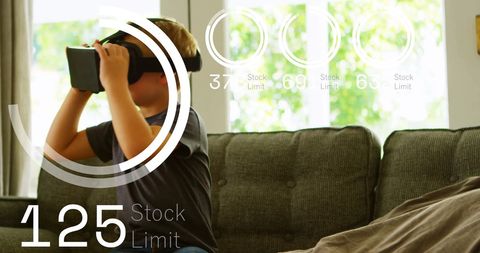 Child engaged in vr gaming illustrated with stock market graphics