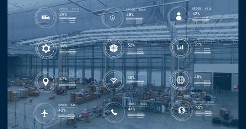 Overlays showing order metrics in modern distribution warehouse
