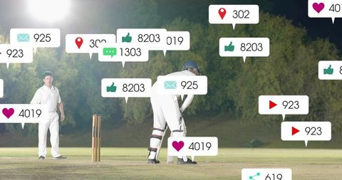 Batsman batting under floodlights with social media engagement overlays and notification icons
