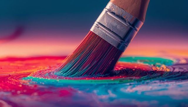 Swirling paintbrush creating vivid multicolor texture on glossy palette