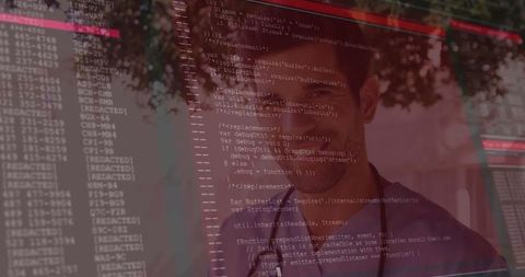 Software developer observing code in futuristic office setting