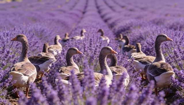 Walking domestic geese through lavender field rows at golden hour on countryside farm