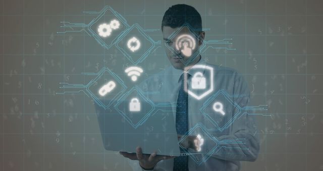 Image of digital interface online security icons flickering over businessman using laptop computer. Global technology data security finance business concept digitally generated image.