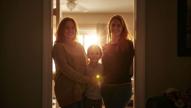 Smiling two women and child standing in sunlit doorway creating warm backlit family moment