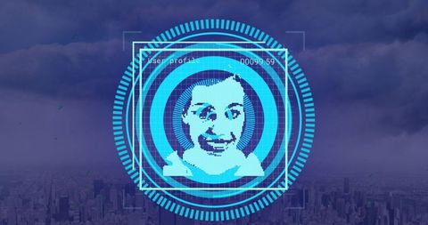 Futuristic Facial Recognition Technology Over Urban Skyline