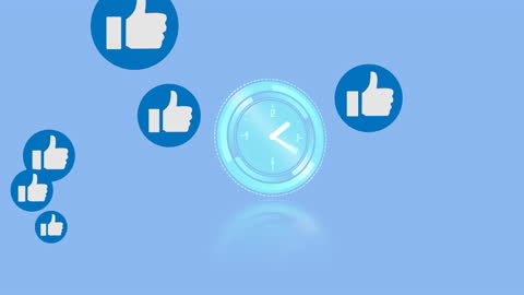 Social Media Engagement Icons with Clock on Blue Background