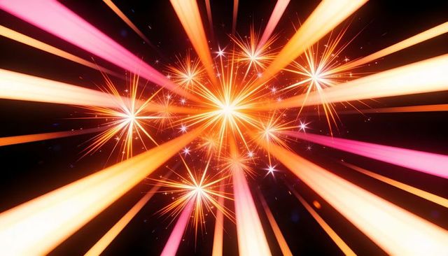 Radiating neon starburst sending orange and pink light beams across dark space