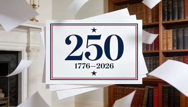 Celebrating 250th anniversary 1776–2026 on patriotic panel in historic library study