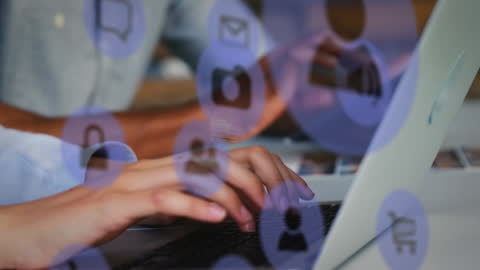 Business Executives Multitasking on Devices with Tech Icons Overlay