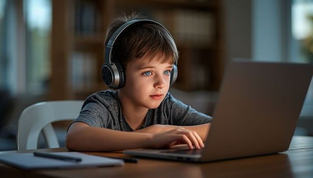 Focused boy with headphones learning on laptop in home study