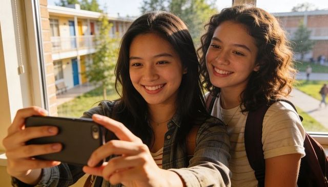 Two teens taking selfie at school window smiling friends backpacks sunlit courtyard