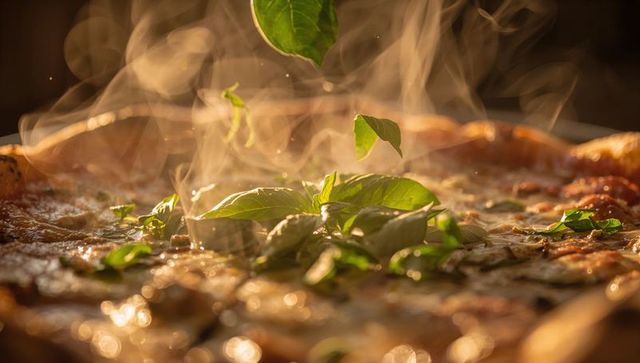 Steaming margherita pizza bubbling with melted cheese and fresh basil leaves falling