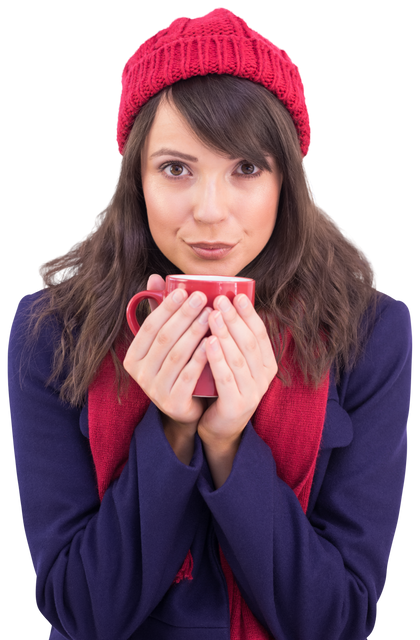 Festive Brunette in Winter Attire Holding Transparent Mug Looking Ahead - Download Free Stock Videos Pikwizard.com