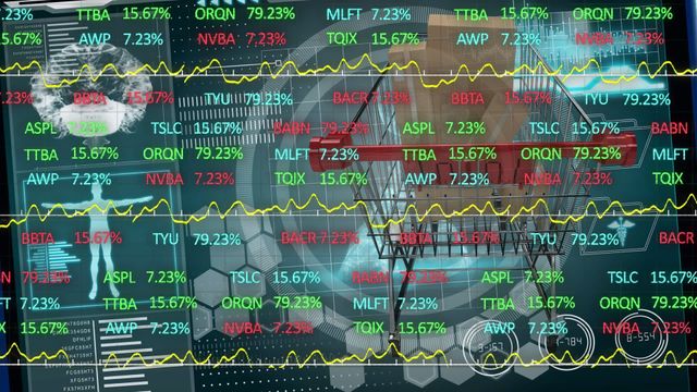 Stock market data projected over a graphic of a shopping cart filled with boxes, symbolizing the intersection of retail and financial sectors. This can be used in presentations about digital commerce, financial trends, market analysis, or the impact of global trade on retail.