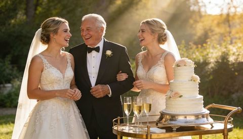 Laughing brides linking arms with man in tuxedo beside tiered cake during golden hour