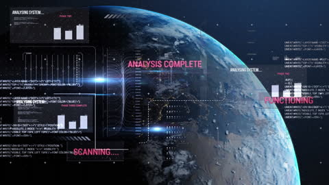 Digital World Analysis Interface Over Rotating Globe Visualization