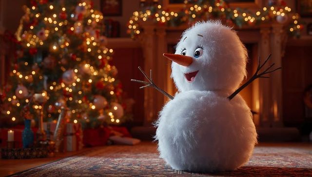 Fluffy Snowman by Glowing Christmas Tree and Fireplace