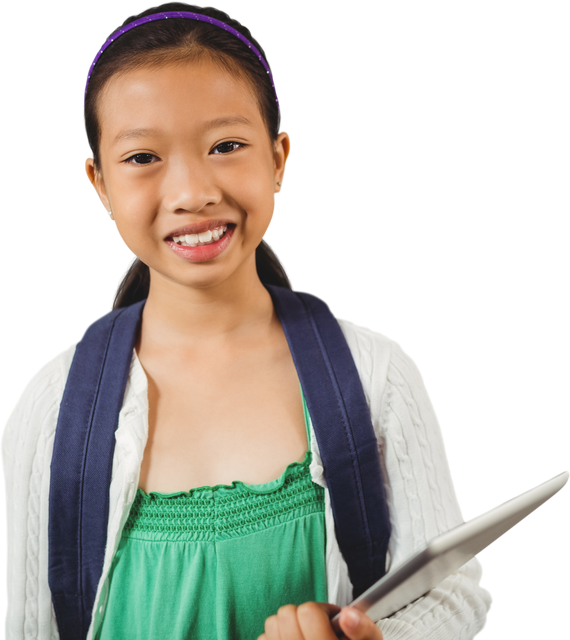 Smiling Girl with Tablet and School Backpack on Transparent Background - Download Free Stock Videos Pikwizard.com