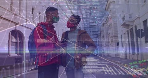 Two Friends Using Smartphone with Financial Data Overlay