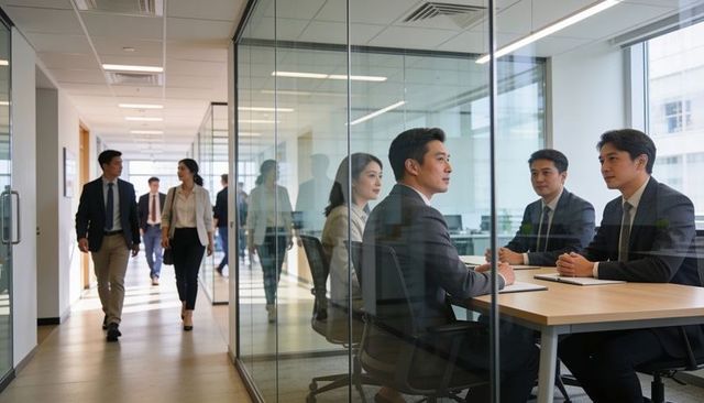 Executives meeting in glass boardroom with corridor reflections modern corporate teamwork