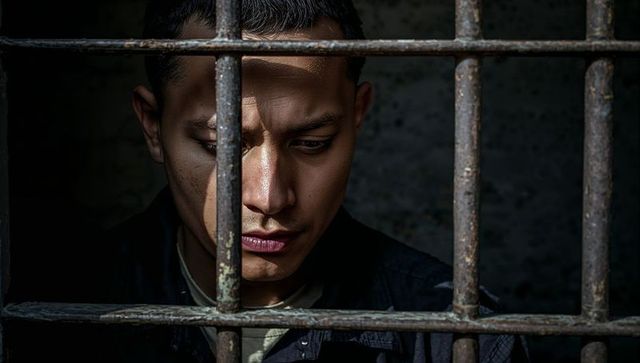 Somber prisoner behind rusted bars showing introspection in grungy cell