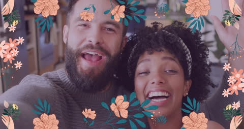 Diverse Couple Embracing Surrounded by Animated Floral Designs