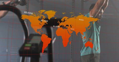 Man Exercising at Gym with Digital Global Fitness Elements