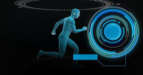 Futuristic Digital Athlete in Motion with Data Analytics Interface