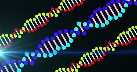 Colorful DNA Helix Strands on Dark Background with Lens Flare Effect