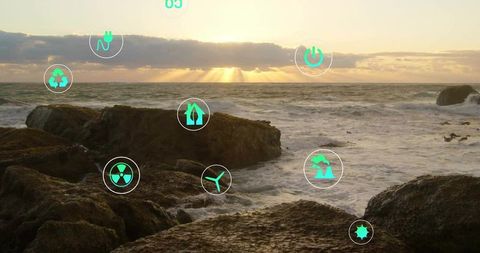 Green Energy Icons over Coastal Rock Formations and Seas