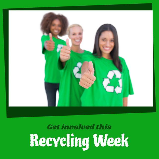 Young diverse women wearing green shirts with recycling symbols, expressing enthusiasm for recycling week with thumbs-up gestures. Ideal for promoting environmental campaigns, community activities, and sustainability initiatives. Perfect for social media, blog posts on recycling efforts, and educational materials.