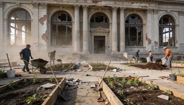 Volunteers planting raised beds and restoring urban garden at historic building ruins