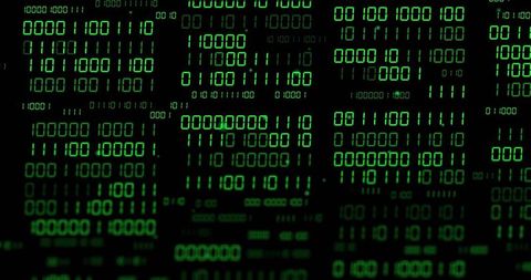 Green Binary Code Closeup on LED Matrix Glowing Digital Data Stream and Cyber Circuitry