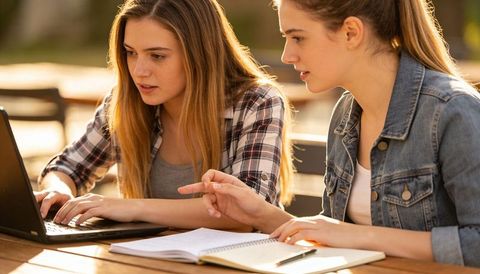 Sunlit outdoor study session with two young women collaborating on laptop and notebooks
