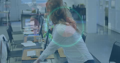 Digital Data Overlay Visualizing Businesswoman in Modern Office