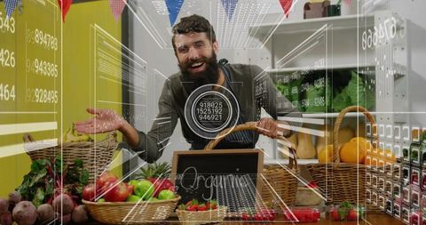 Smiling Vendor Arranging Organic Produce at Market Stall