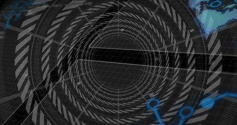 Spiral Chevron Tunnel HUD with Neon Blue Nodes Pulling Eye into Virtual Cyberspace Depth